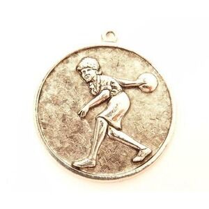 Old Stock Vintage Silver Plated Sports Bowling Necklace Pendant Medal